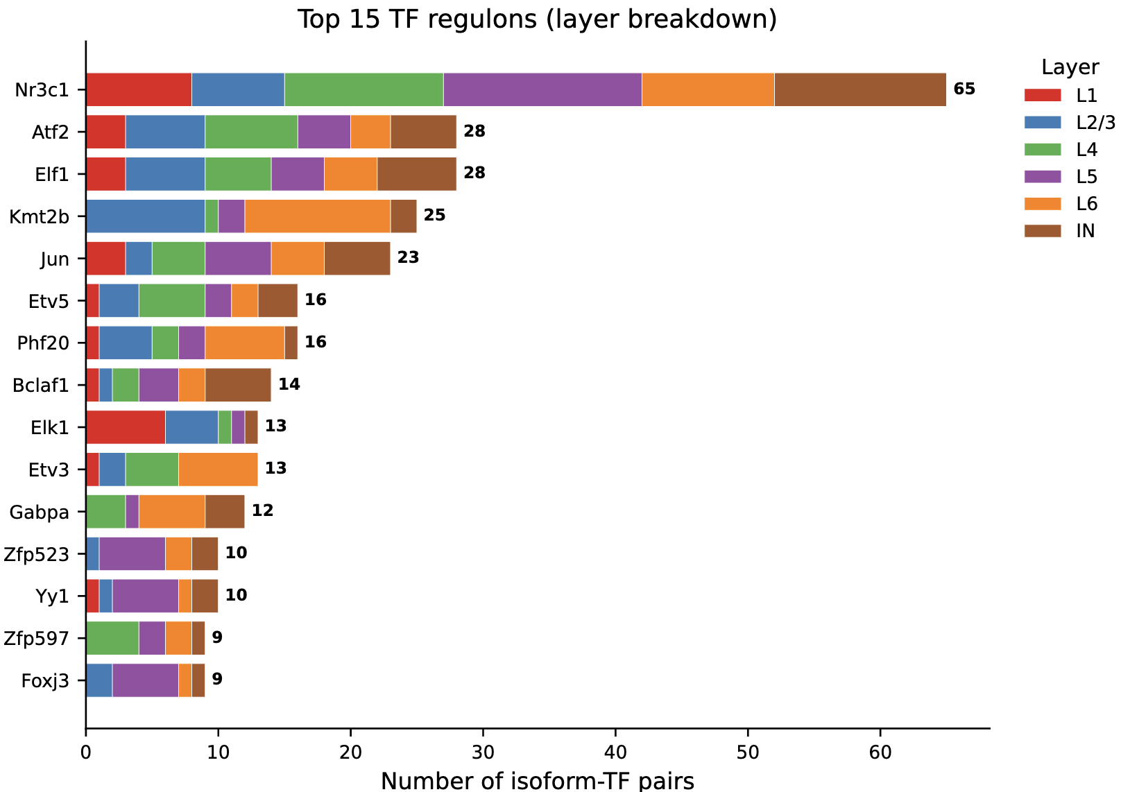 Top 15 TF regulons with layer breakdown